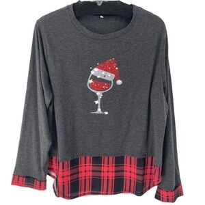 Christmas Wine Glass w/Santa Hat Long Sleeve Gray & Buffalo Plaid T-Shirt - XL